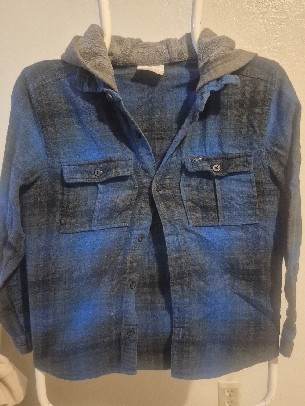 Columbia Kids Youth M Hooded Flannel Shirt Jacket Blue Black Plaid Cotton